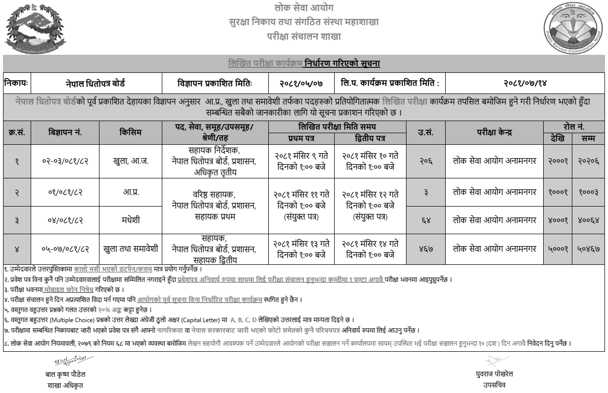 Securities Board of Nepal (SEBON) Written Exam Schedule for Various Positions 