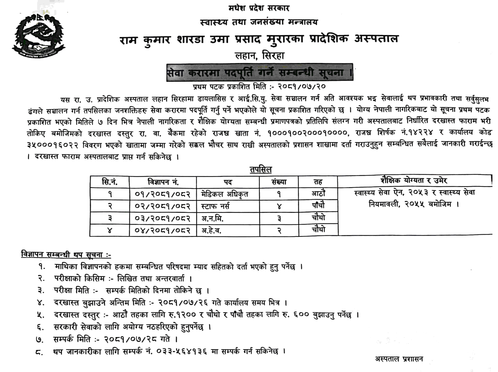 Ram Kumar Sharda Uma Prasad Murarka Provincial Hospital Vacancy 2081 