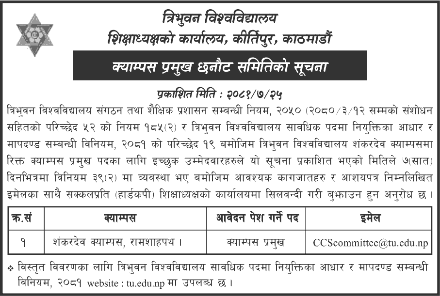 Shankar Dev Campus Vacancy for Campus Chief 