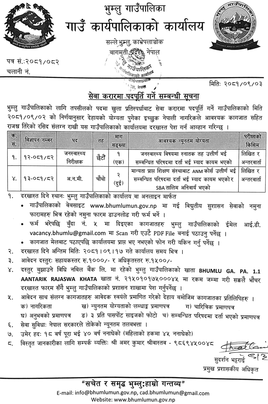 Bhumlu Rural Municipality Vacancy for ANM and Public Health Inspector 