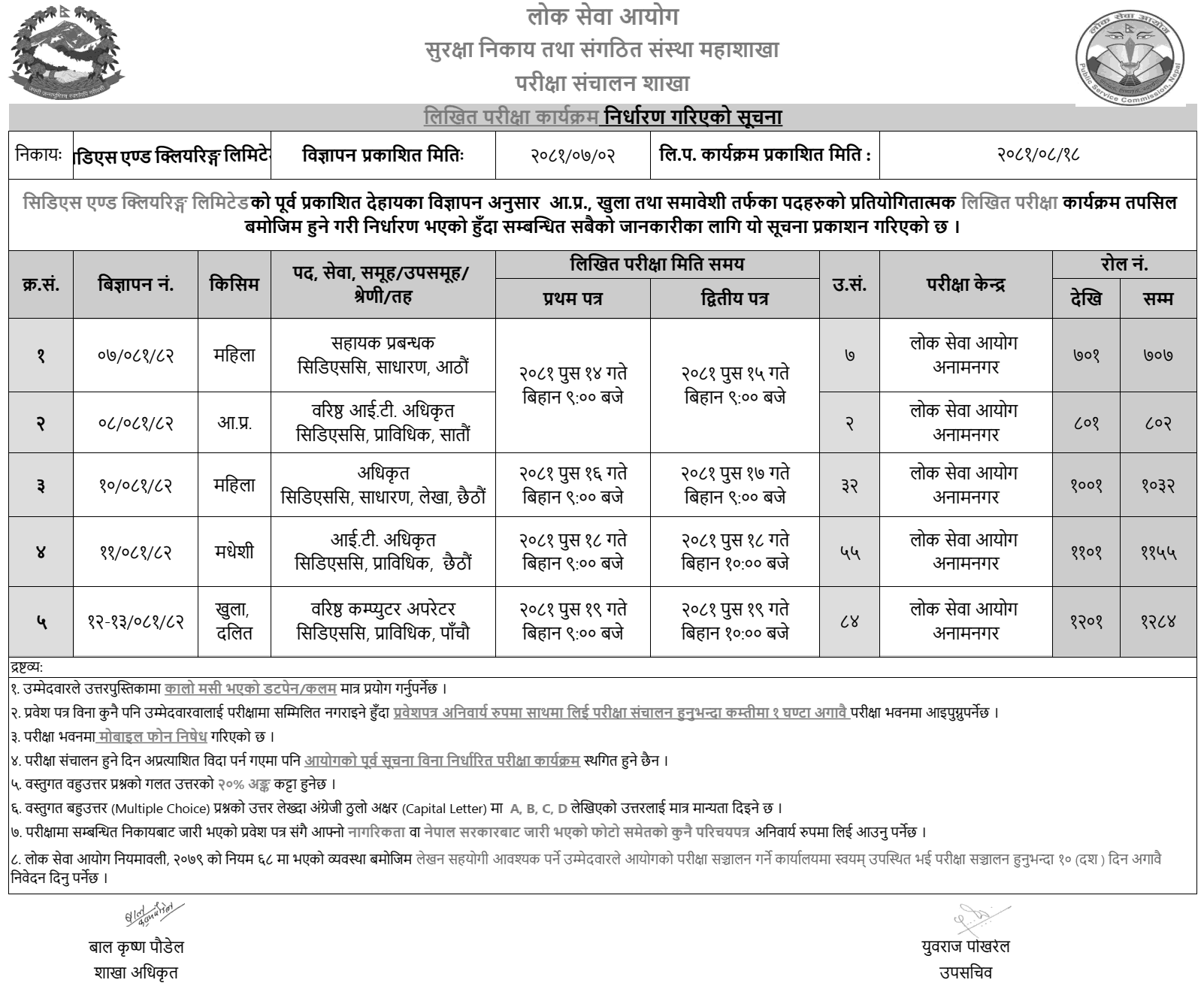 CDS and Clearing Limited Written Exam Routine and Centers Published 2081 