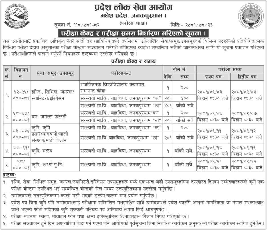 Madhesh Pradesh Lok Sewa Aayog 7th Level Office Exam Schedule and Exam Center 2081 