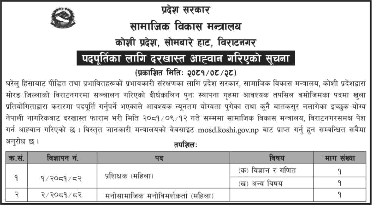 Ministry of Social Development, Koshi Pradesh Vacancy for Trainer and Counselor 