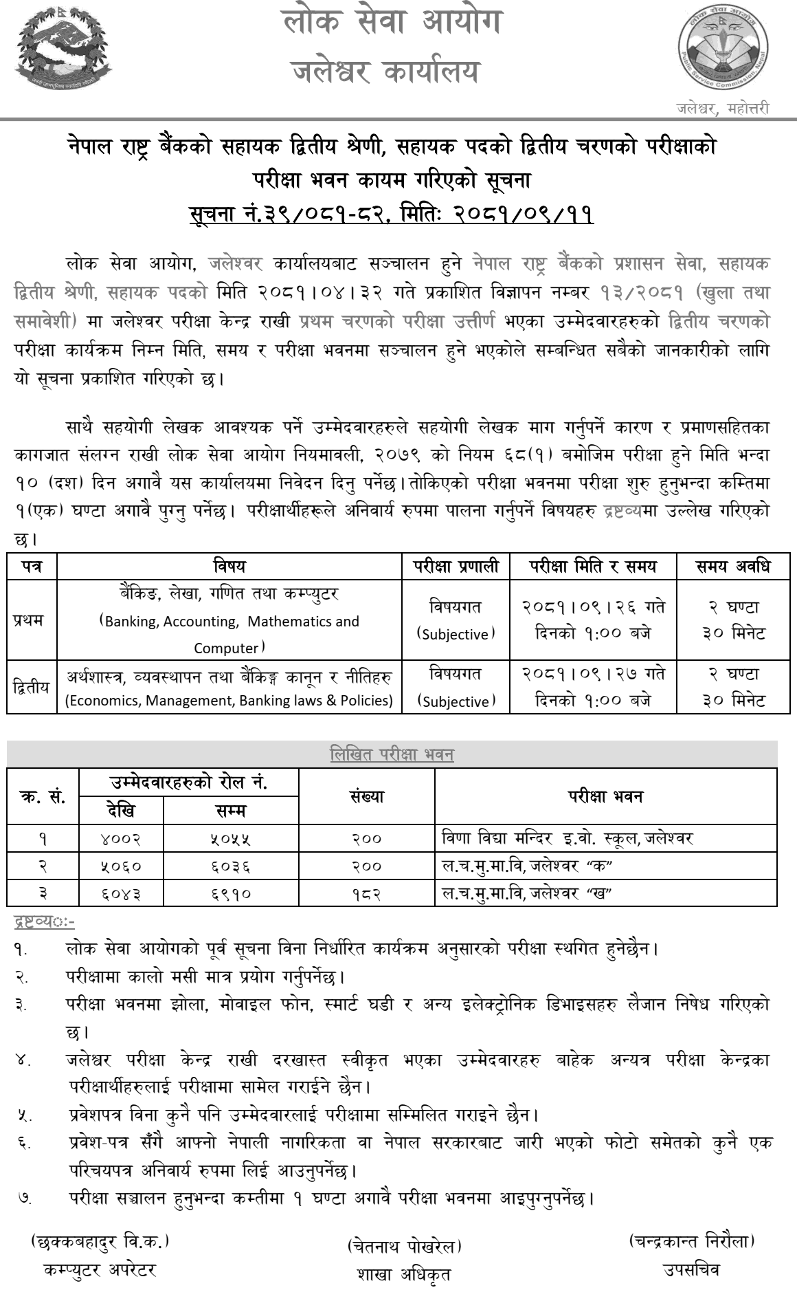 Nepal Rastra Bank Assistant II Second Phase Exam Centers Jaleshwor 