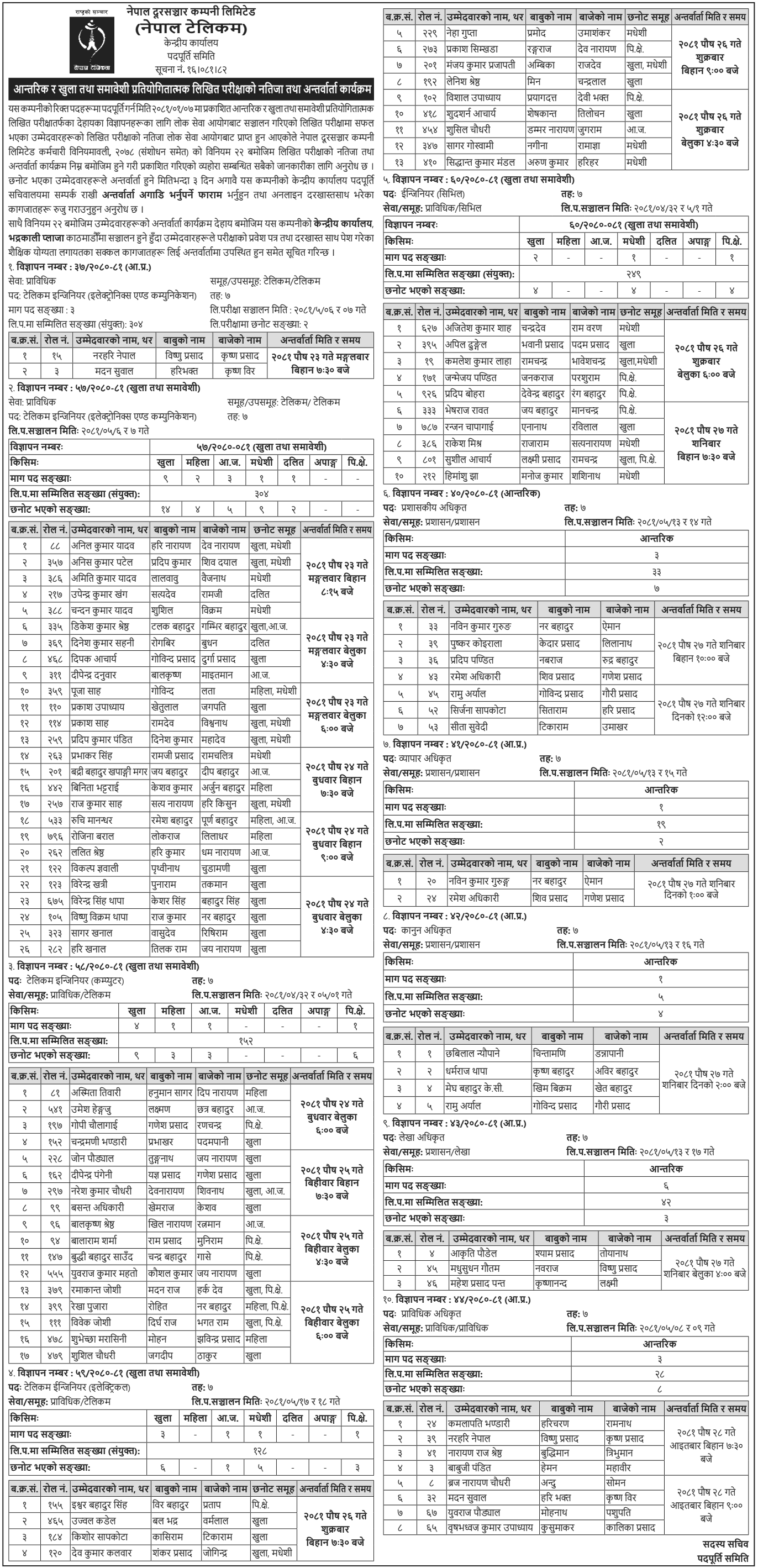 Nepal Telecom Interview Program for 7th Level Various Positions 2081 