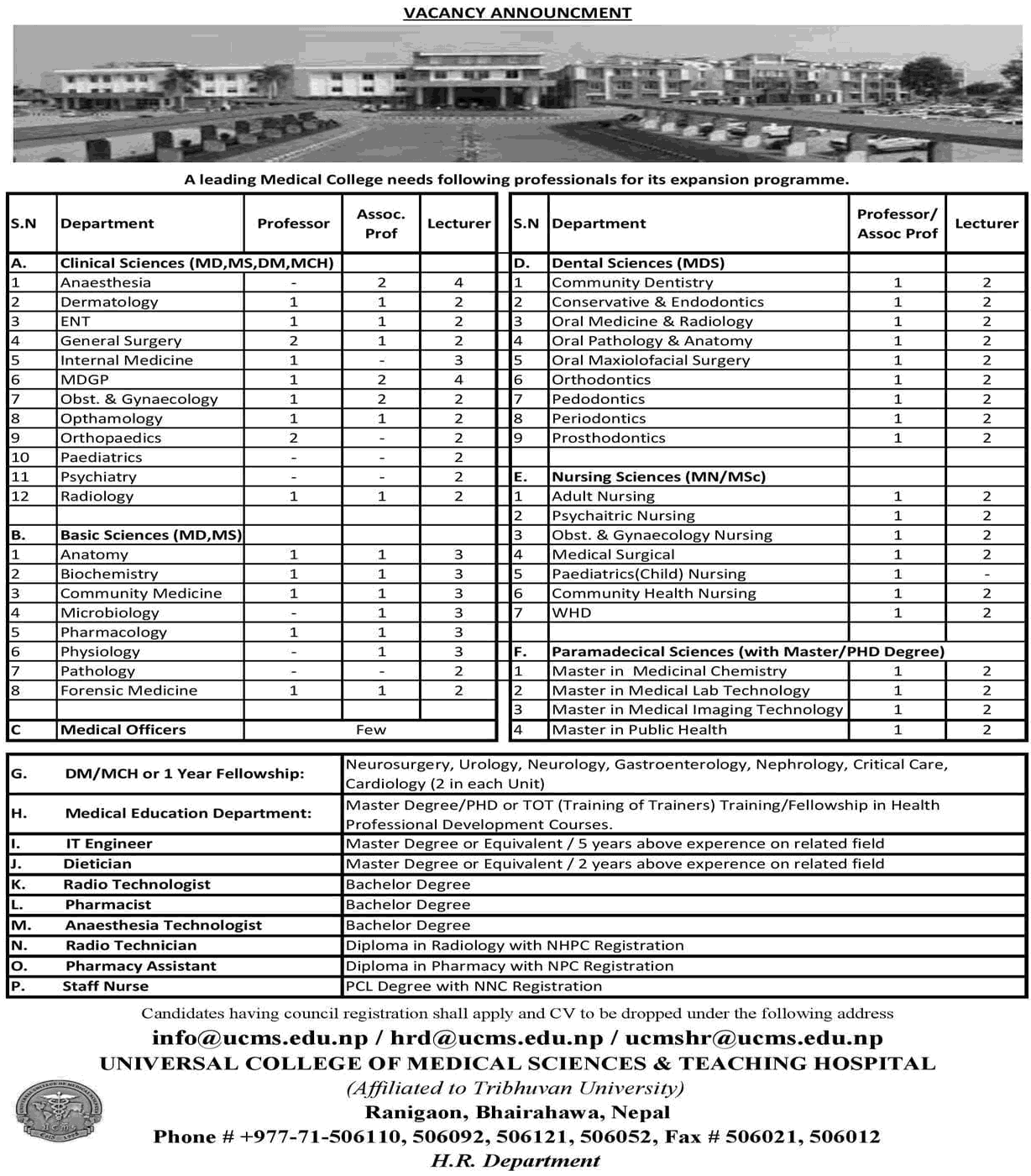 Universal College of Medical Sciences and Teaching Hospital Vacancy 2081 