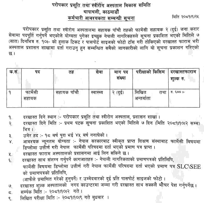 Paropakar Maternity and Women Hospital Vacancy for Pharmacy 